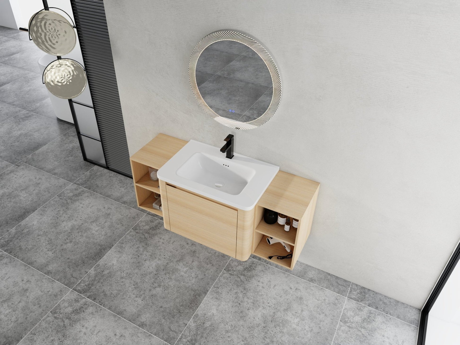52'' Wall - Mounted Bathroom Vanity with White Ceramic Sink and 2 - Storage Shelves & 1 - Soft - Close Door, KD - Packing, Plywood, American White Oak - 1st Choice Furniture Direct