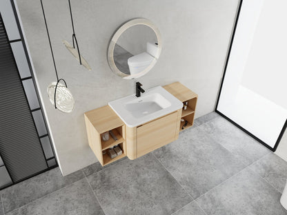 52'' Wall - Mounted Bathroom Vanity with White Ceramic Sink and 2 - Storage Shelves & 1 - Soft - Close Door, KD - Packing, Plywood, American White Oak - 1st Choice Furniture Direct