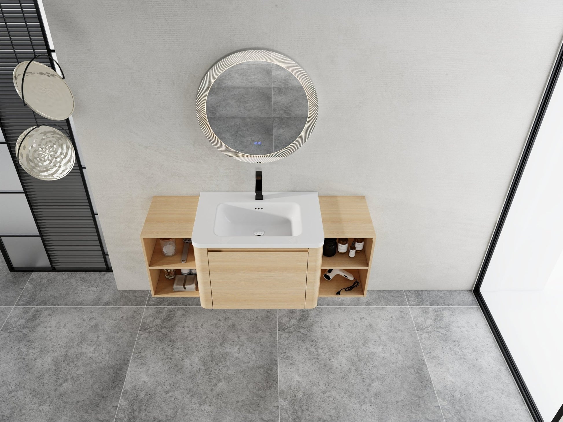 52'' Wall - Mounted Bathroom Vanity with White Ceramic Sink and 2 - Storage Shelves & 1 - Soft - Close Door, KD - Packing, Plywood, American White Oak - 1st Choice Furniture Direct