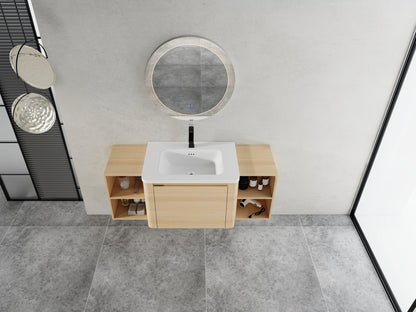 52'' Wall - Mounted Bathroom Vanity with White Ceramic Sink and 2 - Storage Shelves & 1 - Soft - Close Door, KD - Packing, Plywood, American White Oak - 1st Choice Furniture Direct