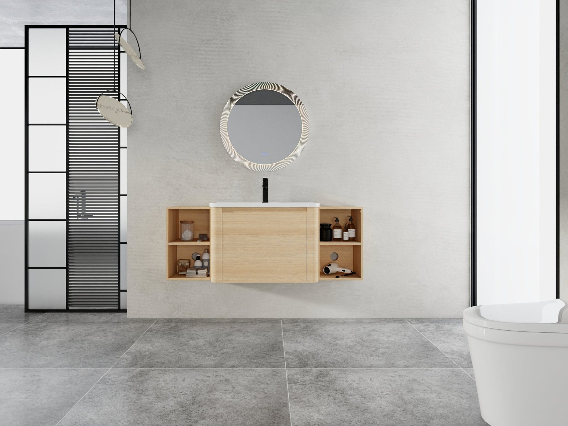 52'' Wall - Mounted Bathroom Vanity with White Ceramic Sink and 2 - Storage Shelves & 1 - Soft - Close Door, KD - Packing, Plywood, American White Oak - 1st Choice Furniture Direct