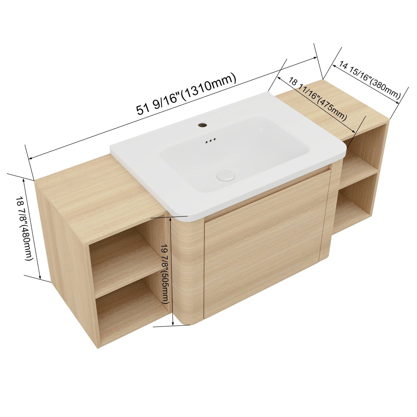 52'' Wall - Mounted Bathroom Vanity with White Ceramic Sink and 2 - Storage Shelves & 1 - Soft - Close Door, KD - Packing, Plywood, American White Oak - 1st Choice Furniture Direct