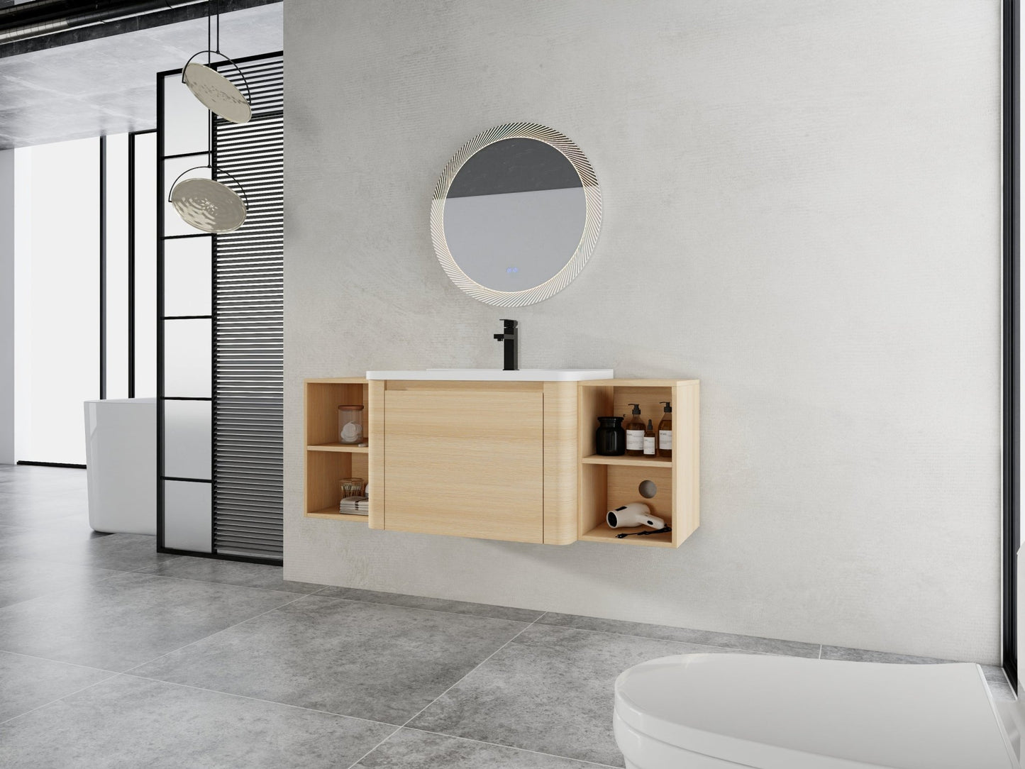52'' Wall - Mounted Bathroom Vanity with White Ceramic Sink and 2 - Storage Shelves & 1 - Soft - Close Door, KD - Packing, Plywood, American White Oak - 1st Choice Furniture Direct