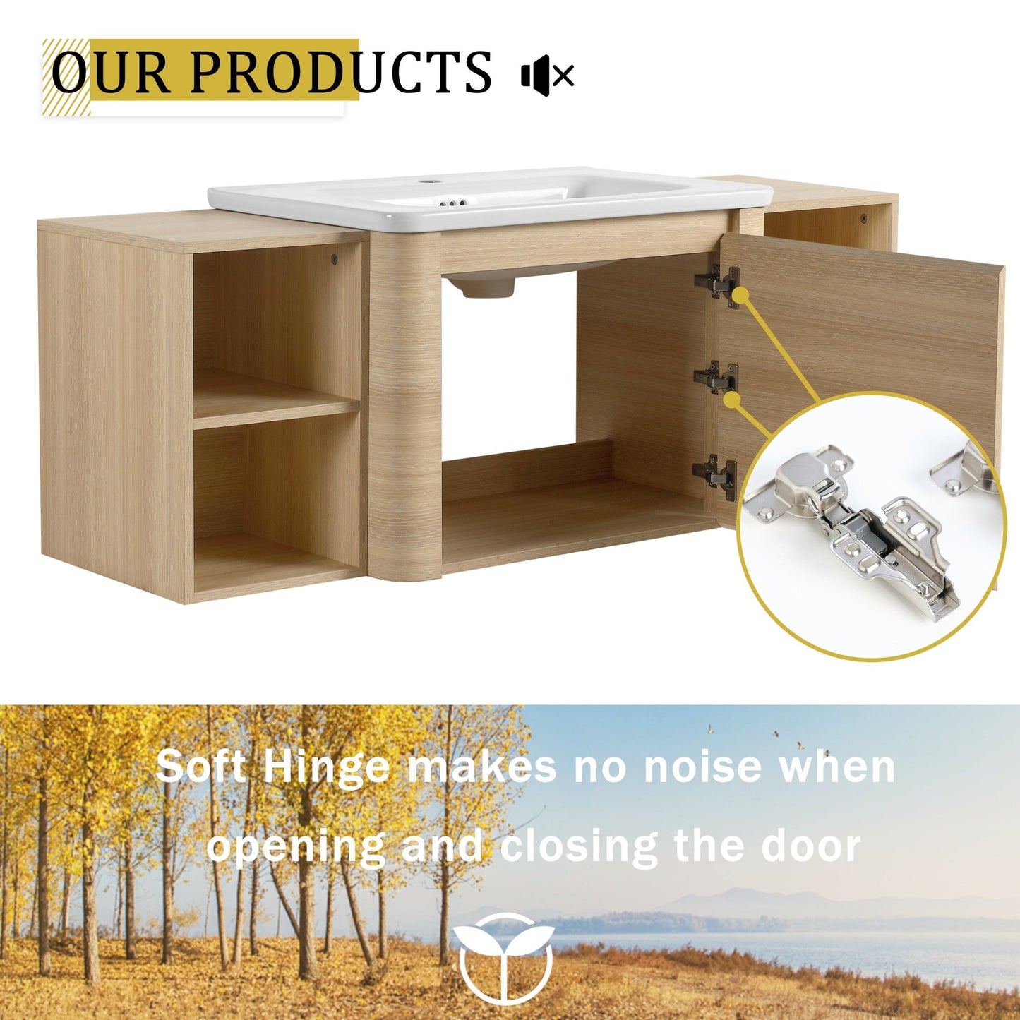 52'' Wall - Mounted Bathroom Vanity with White Ceramic Sink and 2 - Storage Shelves & 1 - Soft - Close Door, KD - Packing, Plywood, American White Oak - 1st Choice Furniture Direct