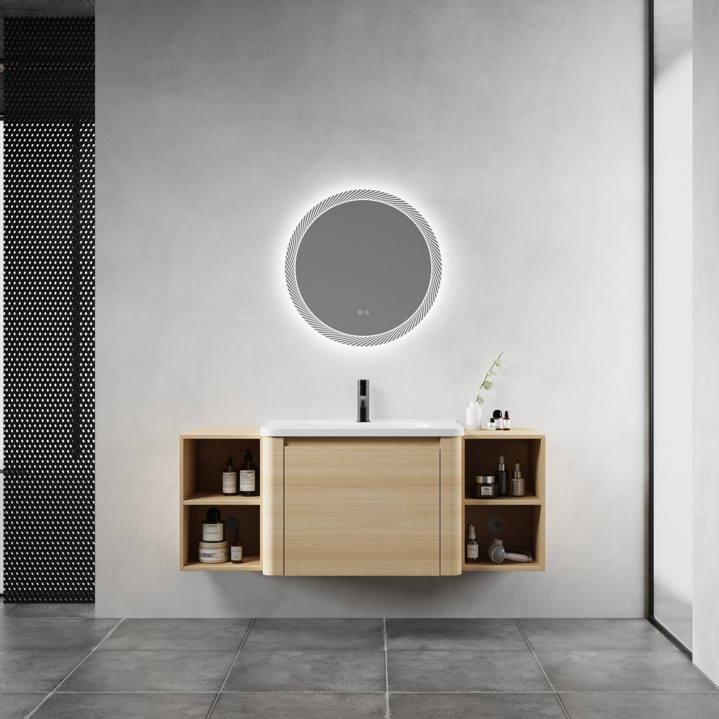 52'' Wall - Mounted Bathroom Vanity with White Ceramic Sink and 2 - Storage Shelves & 1 - Soft - Close Door, KD - Packing, Plywood, American White Oak - 1st Choice Furniture Direct