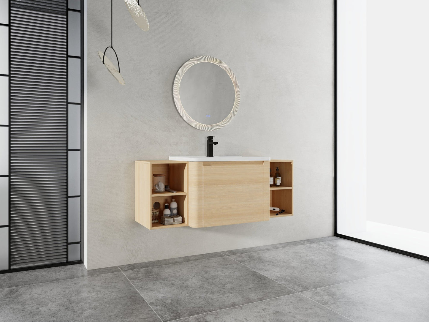 52'' Wall - Mounted Bathroom Vanity with White Ceramic Sink and 2 - Storage Shelves & 1 - Soft - Close Door, KD - Packing, Plywood, American White Oak - 1st Choice Furniture Direct
