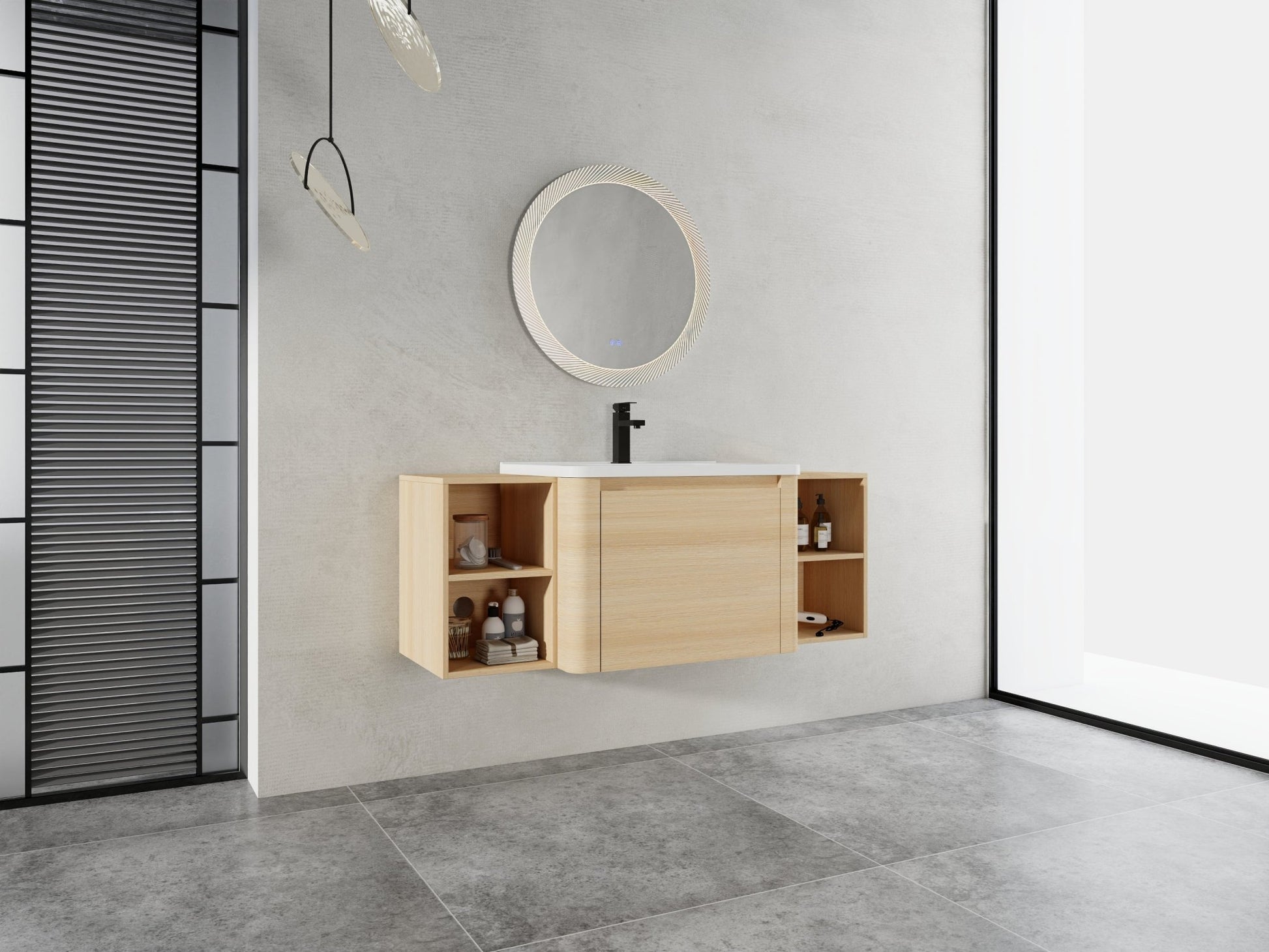 52'' Wall - Mounted Bathroom Vanity with White Ceramic Sink and 2 - Storage Shelves & 1 - Soft - Close Door, KD - Packing, Plywood, American White Oak - 1st Choice Furniture Direct
