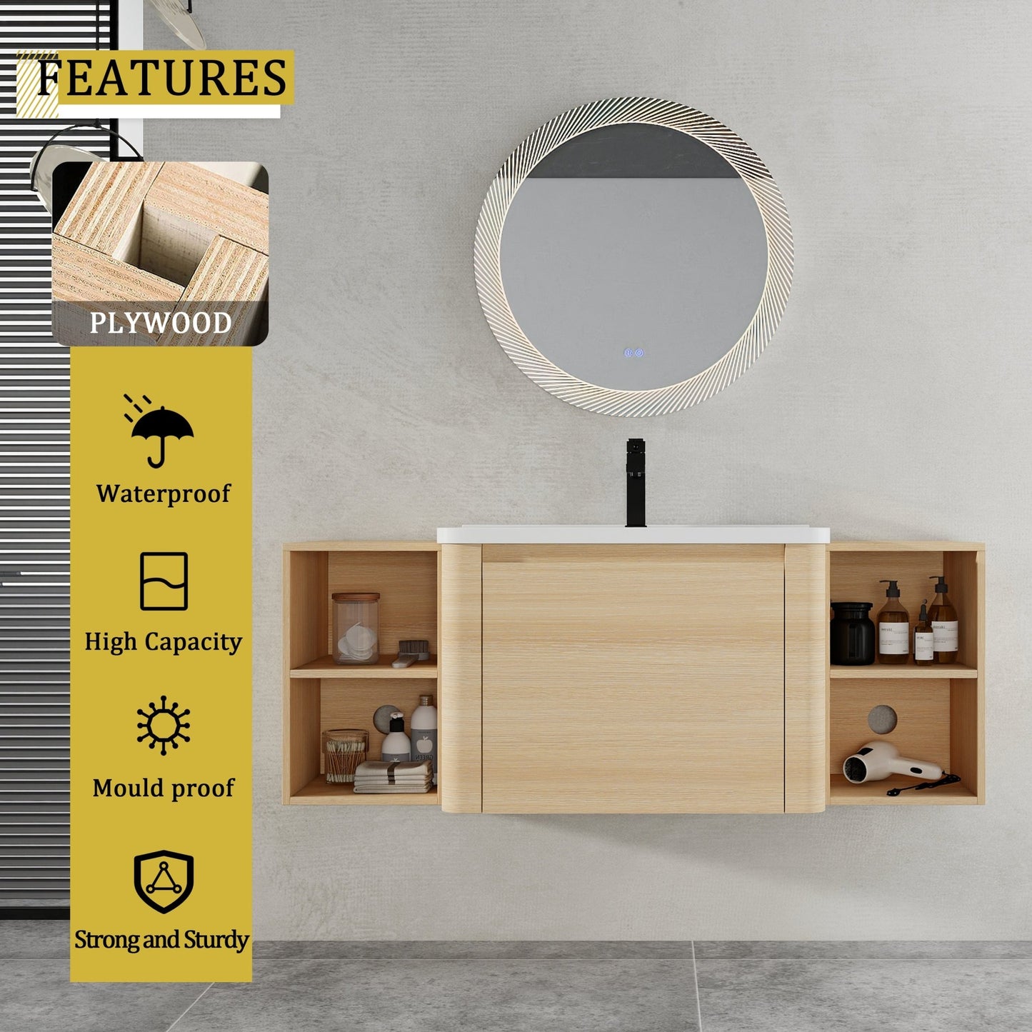 52'' Wall - Mounted Bathroom Vanity with White Ceramic Sink and 2 - Storage Shelves & 1 - Soft - Close Door, KD - Packing, Plywood, American White Oak - 1st Choice Furniture Direct