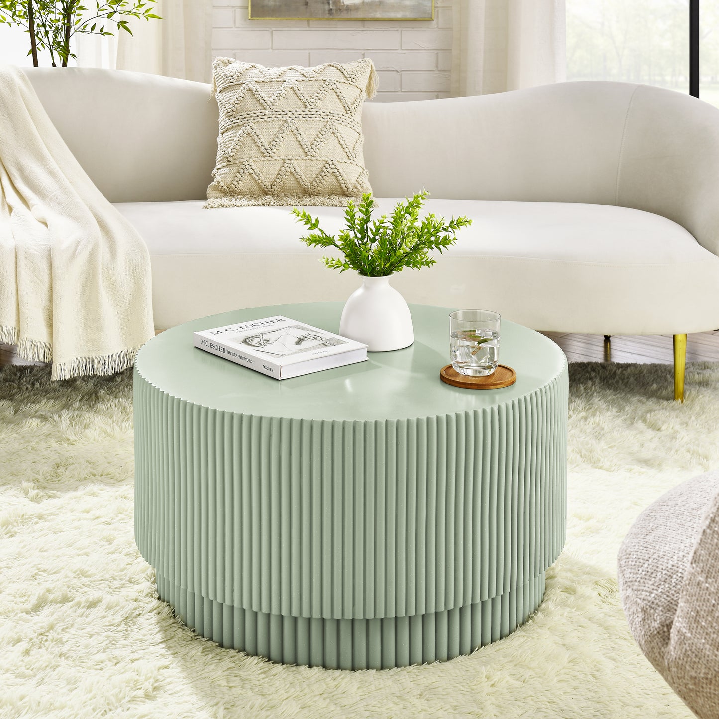 15.72-inch H-barrel coffee table, Nordic style, simple design, suitable for indoor and outdoor use, magnesium oxide material, suitable for living room, bedroom or garden sofa