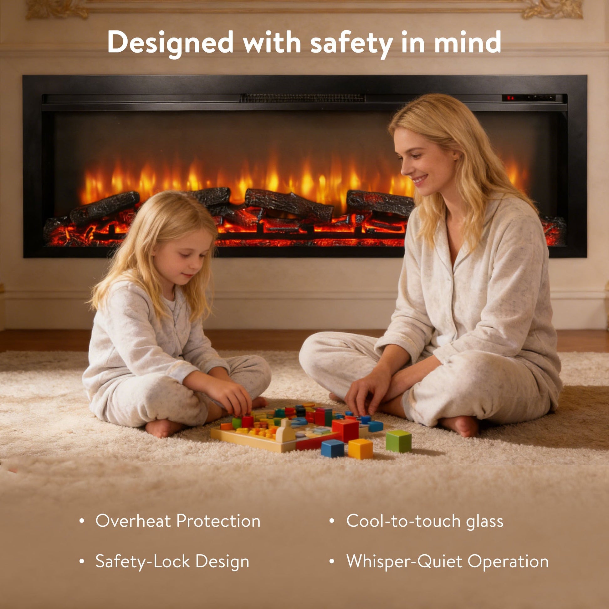 54 inch in wall recessed electric fireplace with remote and multi color flame & emberbed - 1st Choice Furniture Direct