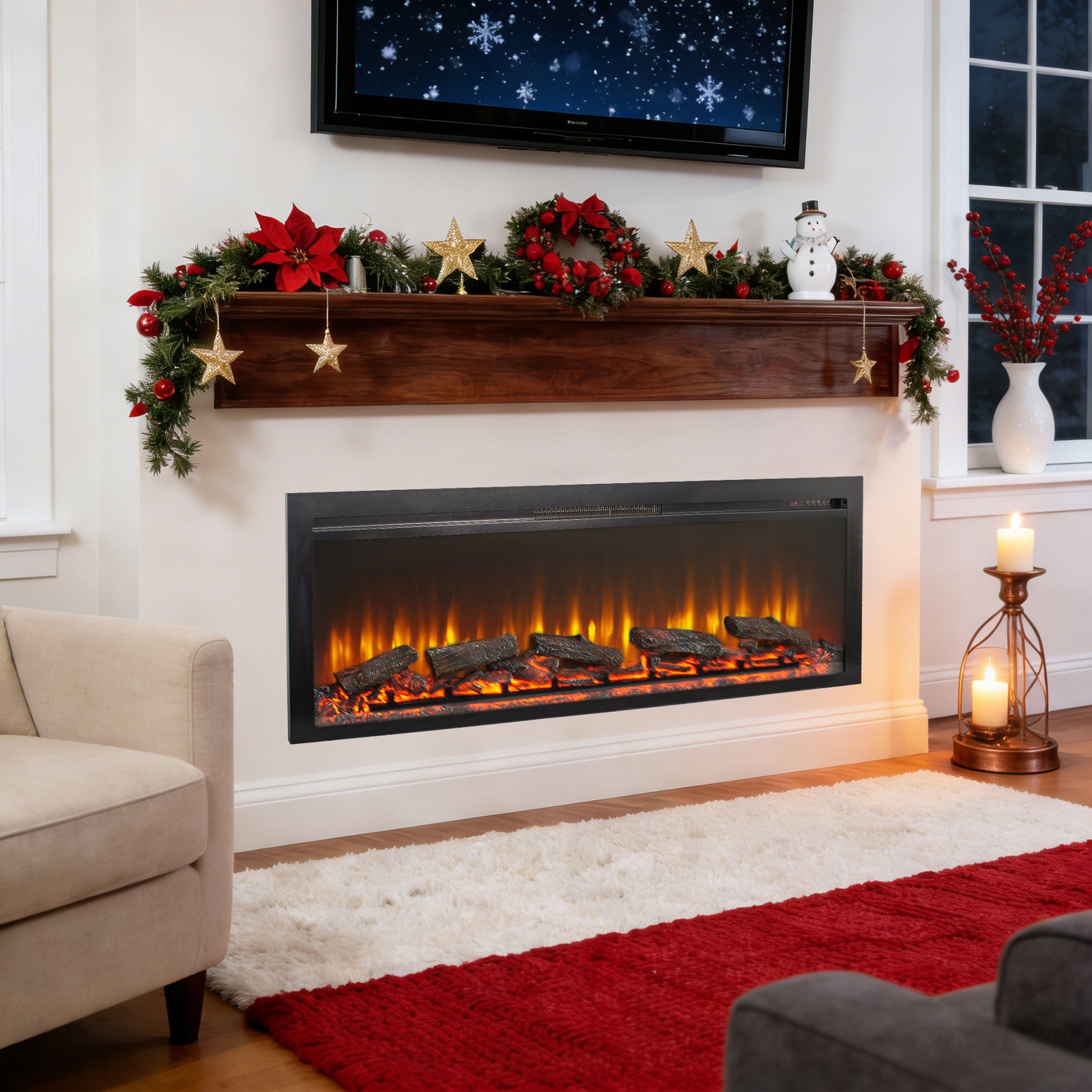 54 inch in wall recessed electric fireplace with remote and multi color flame & emberbed - 1st Choice Furniture Direct
