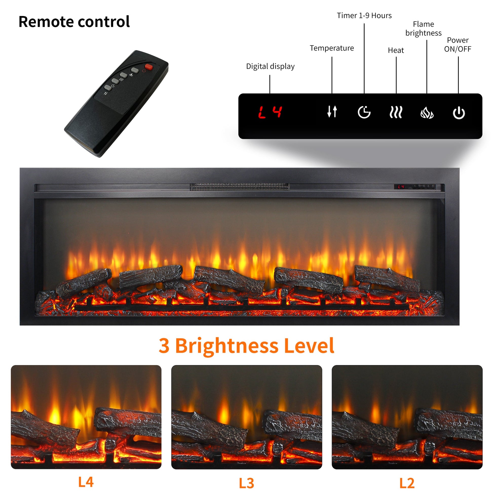 54 inch in wall recessed electric fireplace with remote and multi color flame & emberbed - 1st Choice Furniture Direct