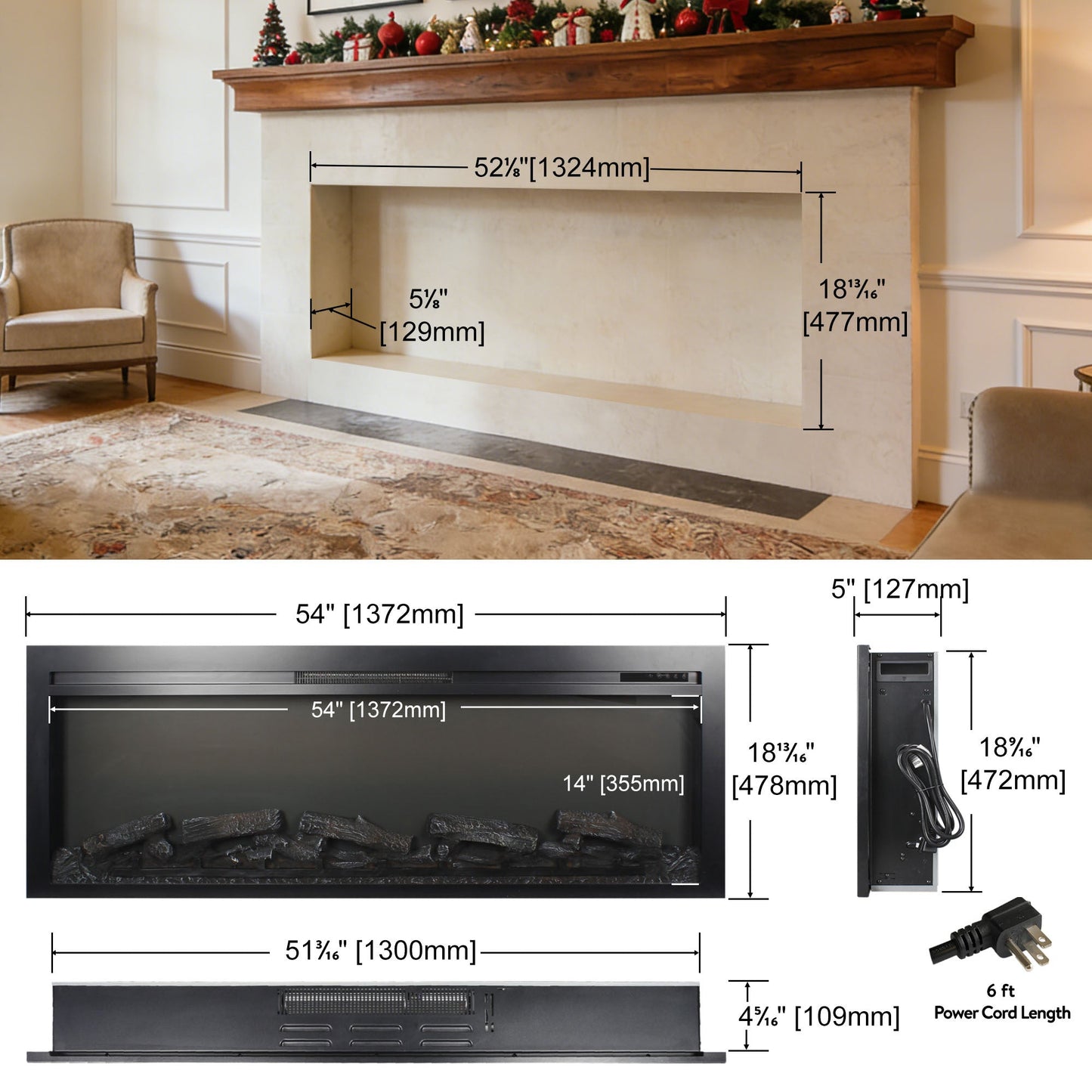 54 inch in wall recessed electric fireplace with remote and multi color flame & emberbed - 1st Choice Furniture Direct