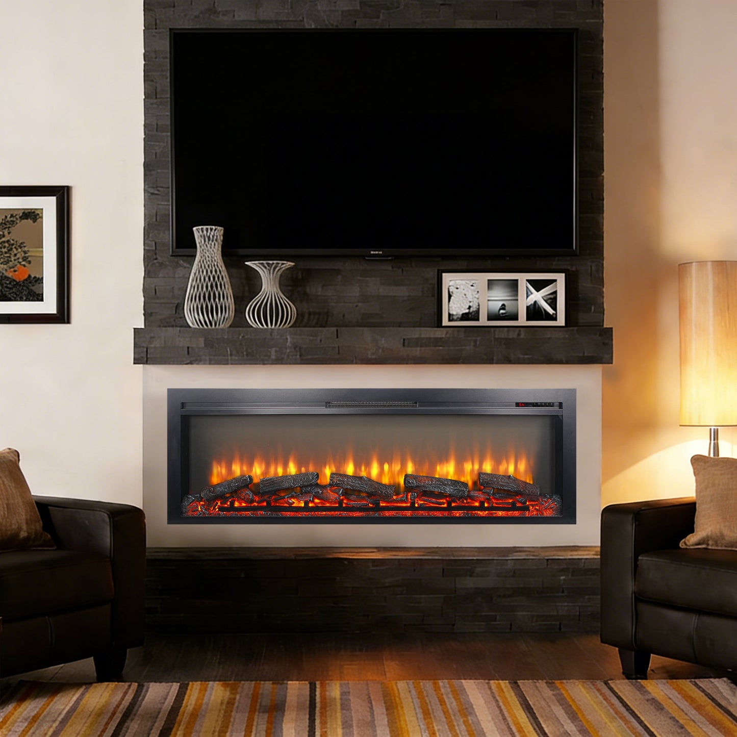 54 inch in wall recessed electric fireplace with remote and multi color flame & emberbed - 1st Choice Furniture Direct