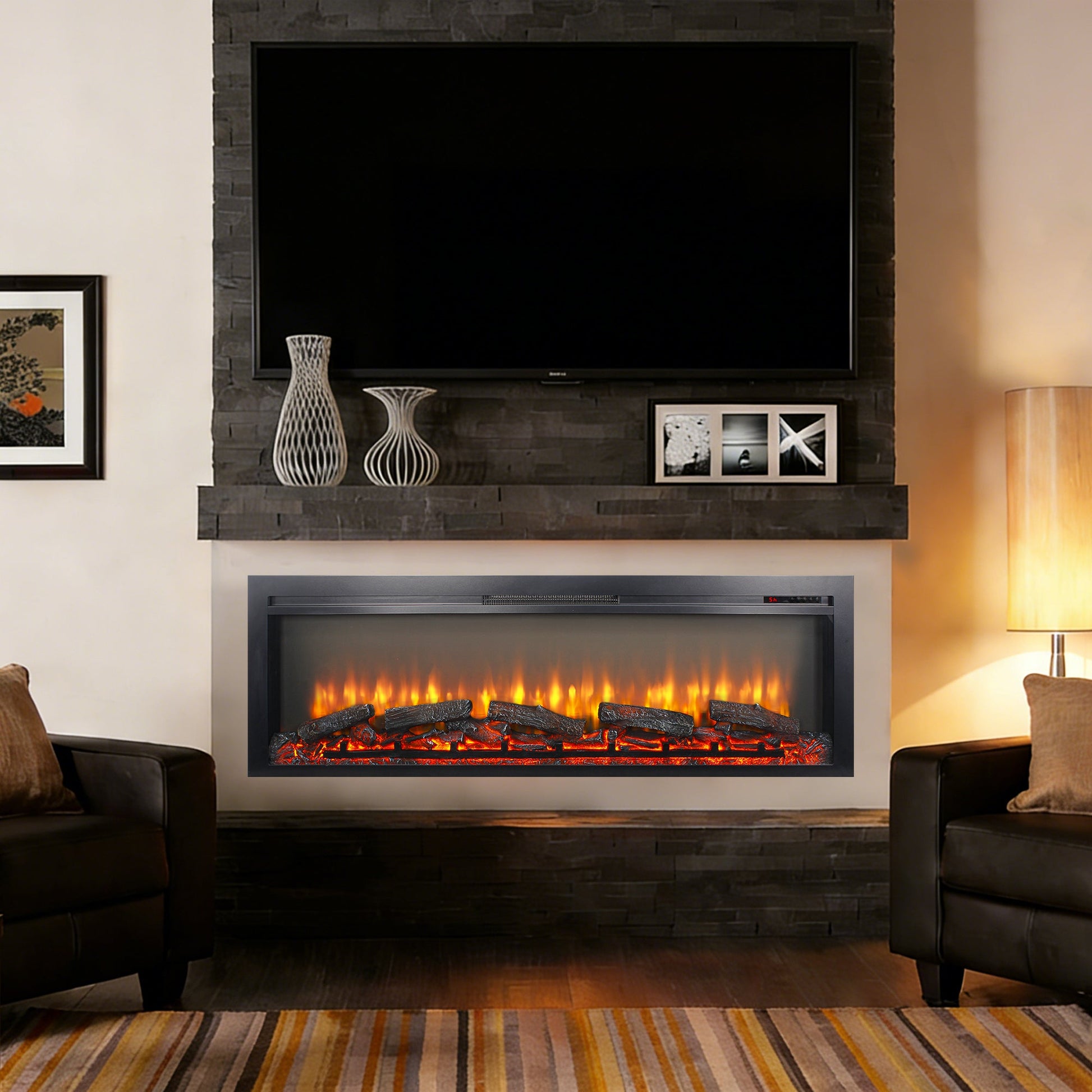 54 inch in wall recessed electric fireplace with remote and multi color flame & emberbed - 1st Choice Furniture Direct