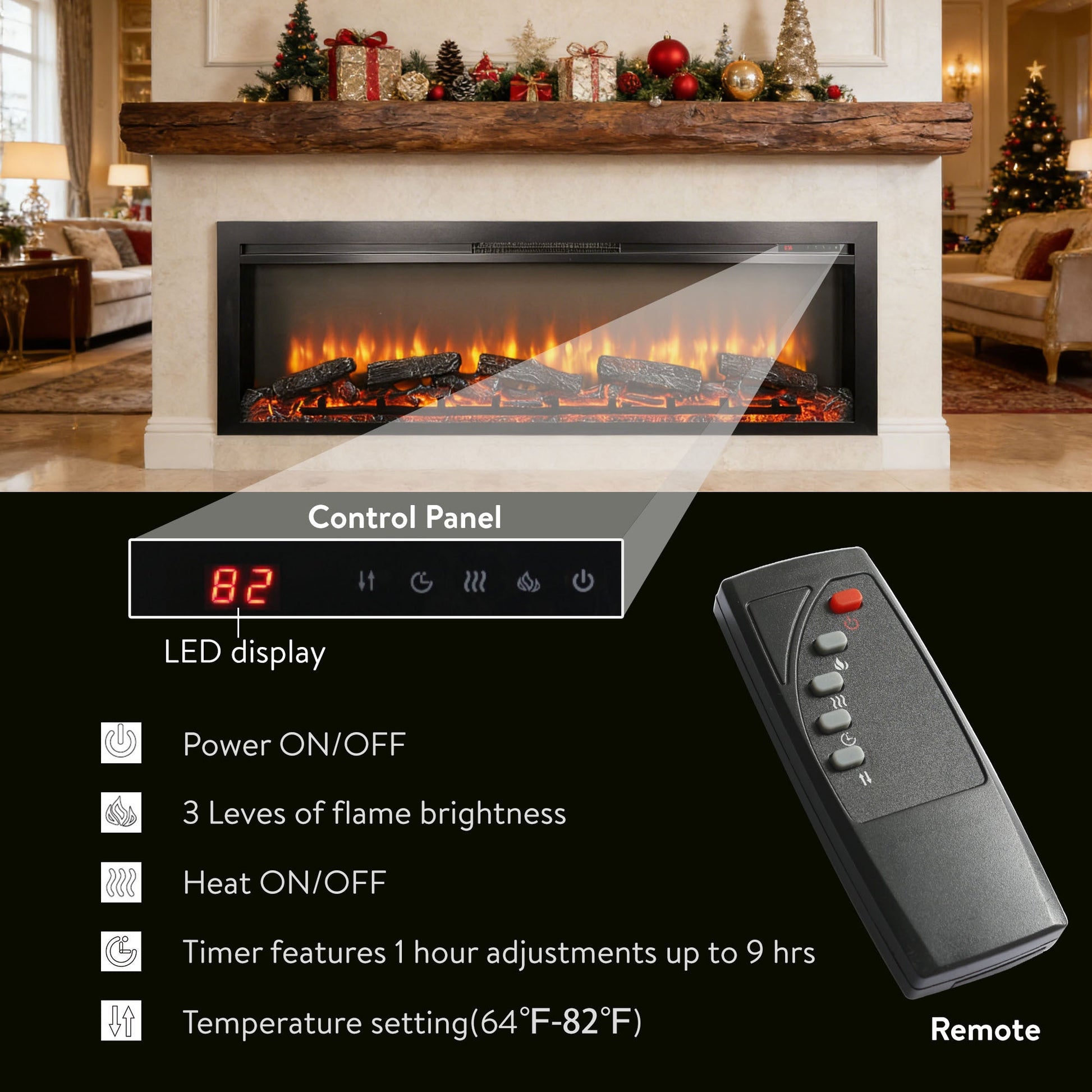 54 inch in wall recessed electric fireplace with remote and multi color flame & emberbed - 1st Choice Furniture Direct