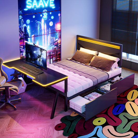 Full Size Metal Gaming Platform Bed with LED Headboard, LED Desk, USB and Two Storage Drawers, Black
