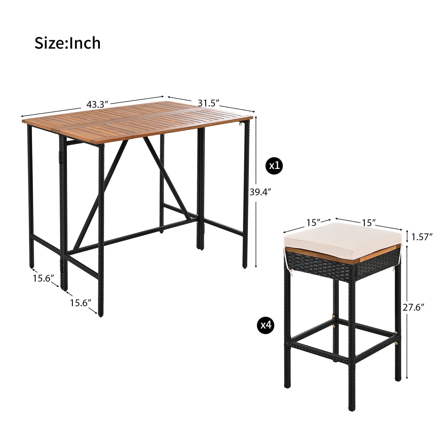 1st Choice 5pc Outdoor Wood Bar Height Table And 4 Stools w/ Cushions