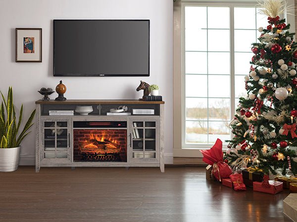 55 inch TV Media Stand with Electric Fireplace KD Inserts Heater,Gray Wash Color - 1st Choice Furniture Direct