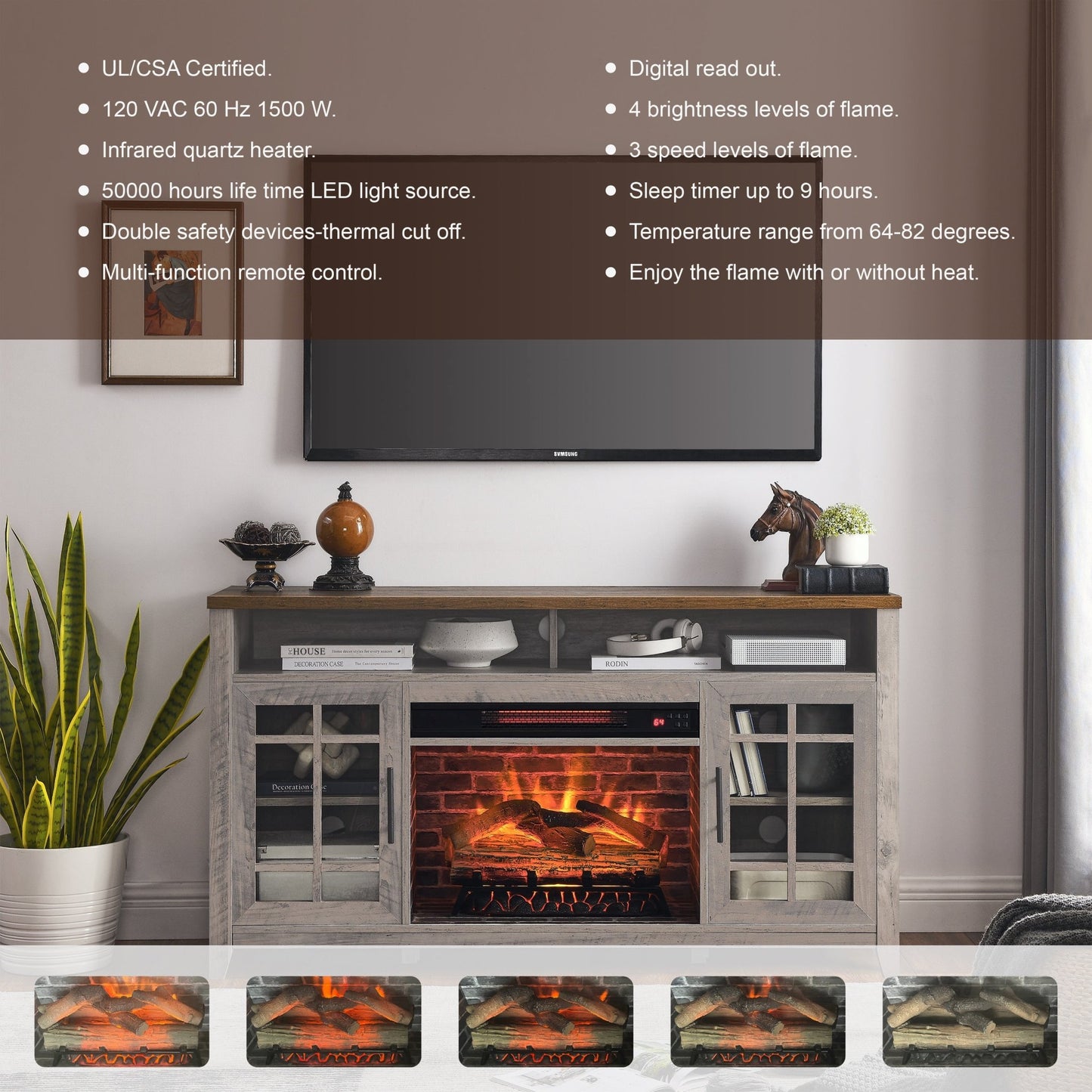 55 inch TV Media Stand with Electric Fireplace KD Inserts Heater,Gray Wash Color - 1st Choice Furniture Direct