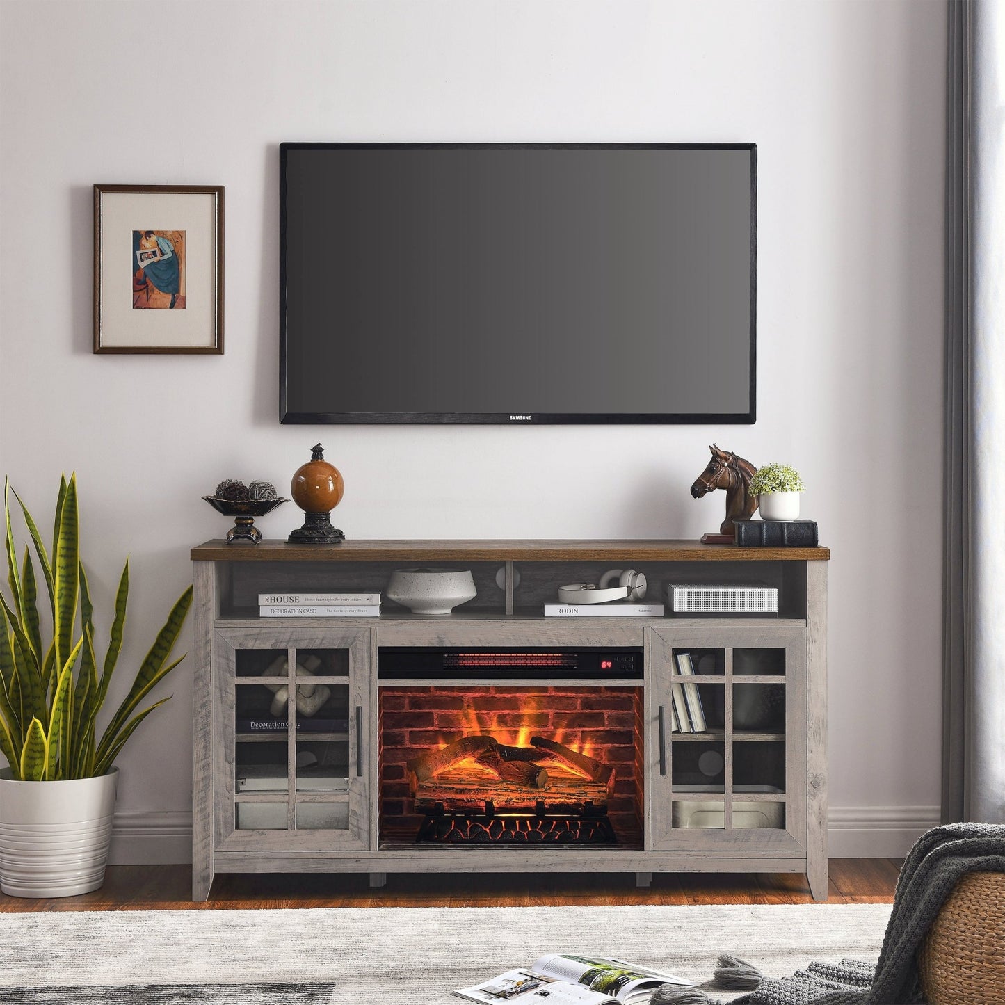 55 inch TV Media Stand with Electric Fireplace KD Inserts Heater,Gray Wash Color - 1st Choice Furniture Direct