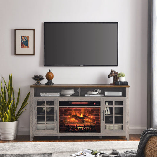 55 inch TV Media Stand with Electric Fireplace KD Inserts Heater,Gray Wash Color - 1st Choice Furniture Direct
