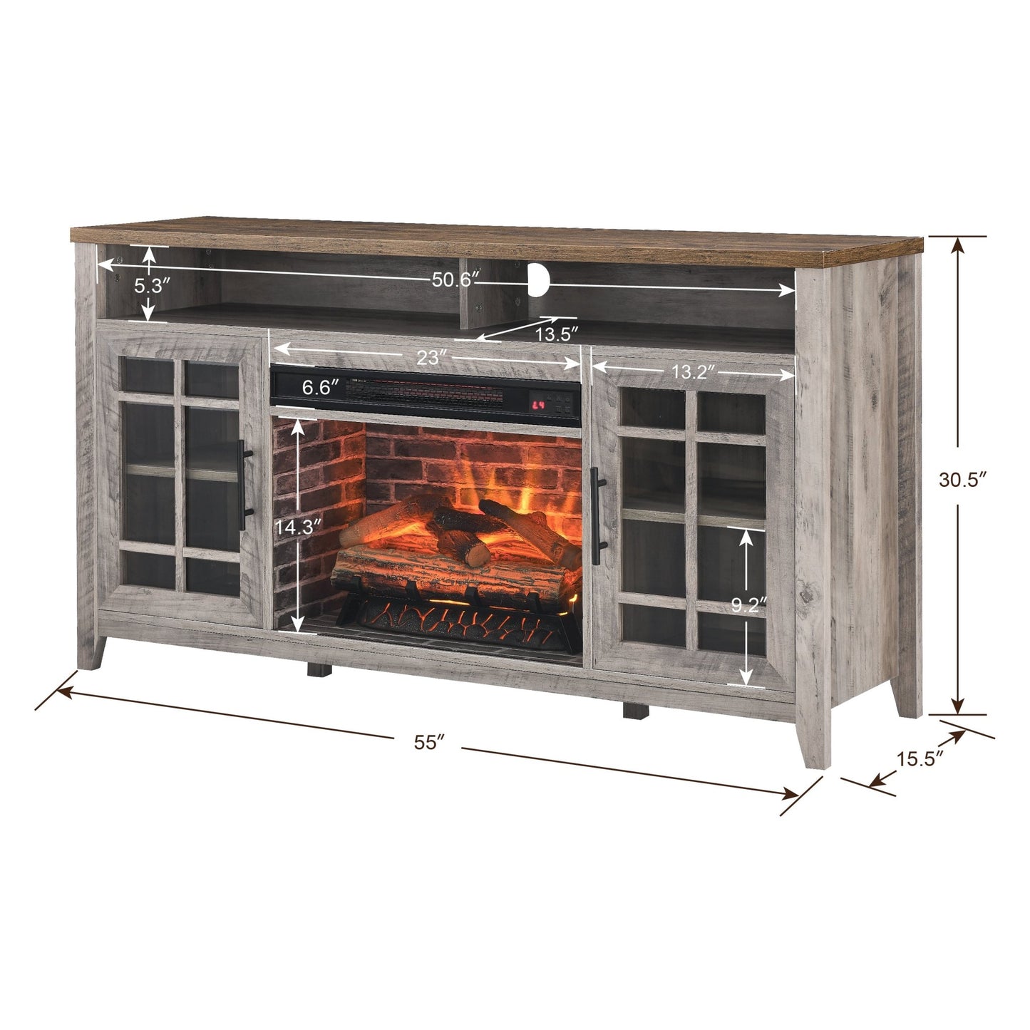 55 inch TV Media Stand with Electric Fireplace KD Inserts Heater,Gray Wash Color - 1st Choice Furniture Direct