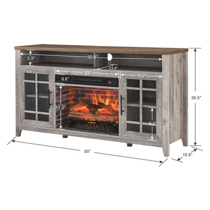 55 inch TV Media Stand with Electric Fireplace KD Inserts Heater,Gray Wash Color - 1st Choice Furniture Direct