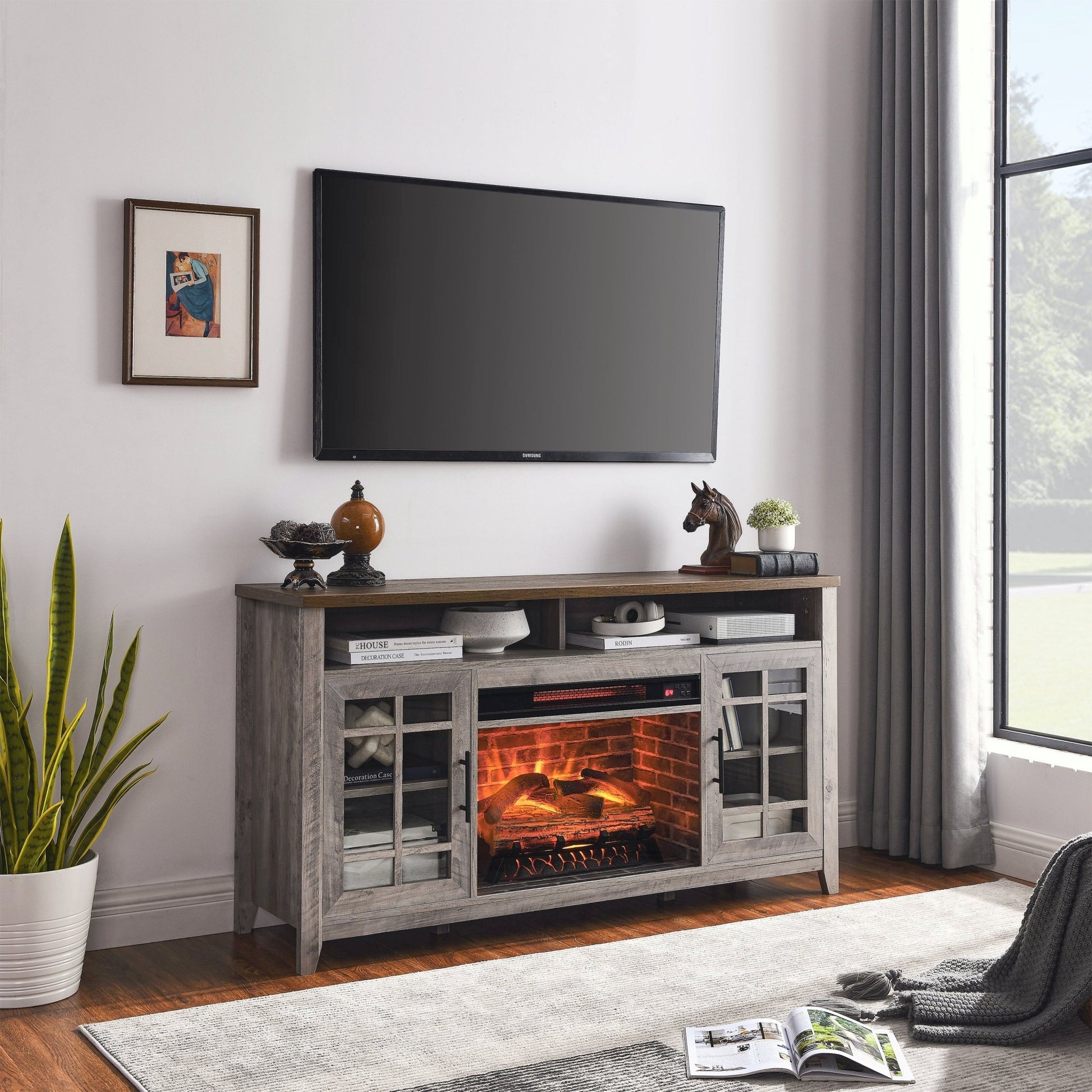 55 inch TV Media Stand with Electric Fireplace KD Inserts Heater,Gray Wash Color - 1st Choice Furniture Direct