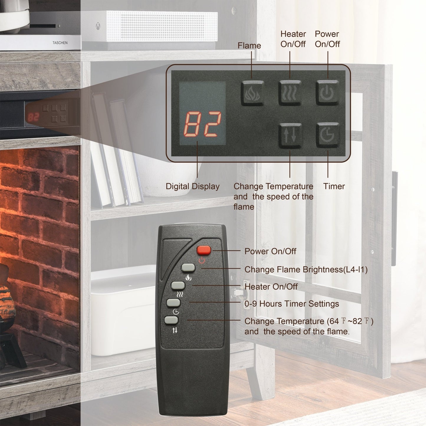 55 inch TV Media Stand with Electric Fireplace KD Inserts Heater,Gray Wash Color - 1st Choice Furniture Direct