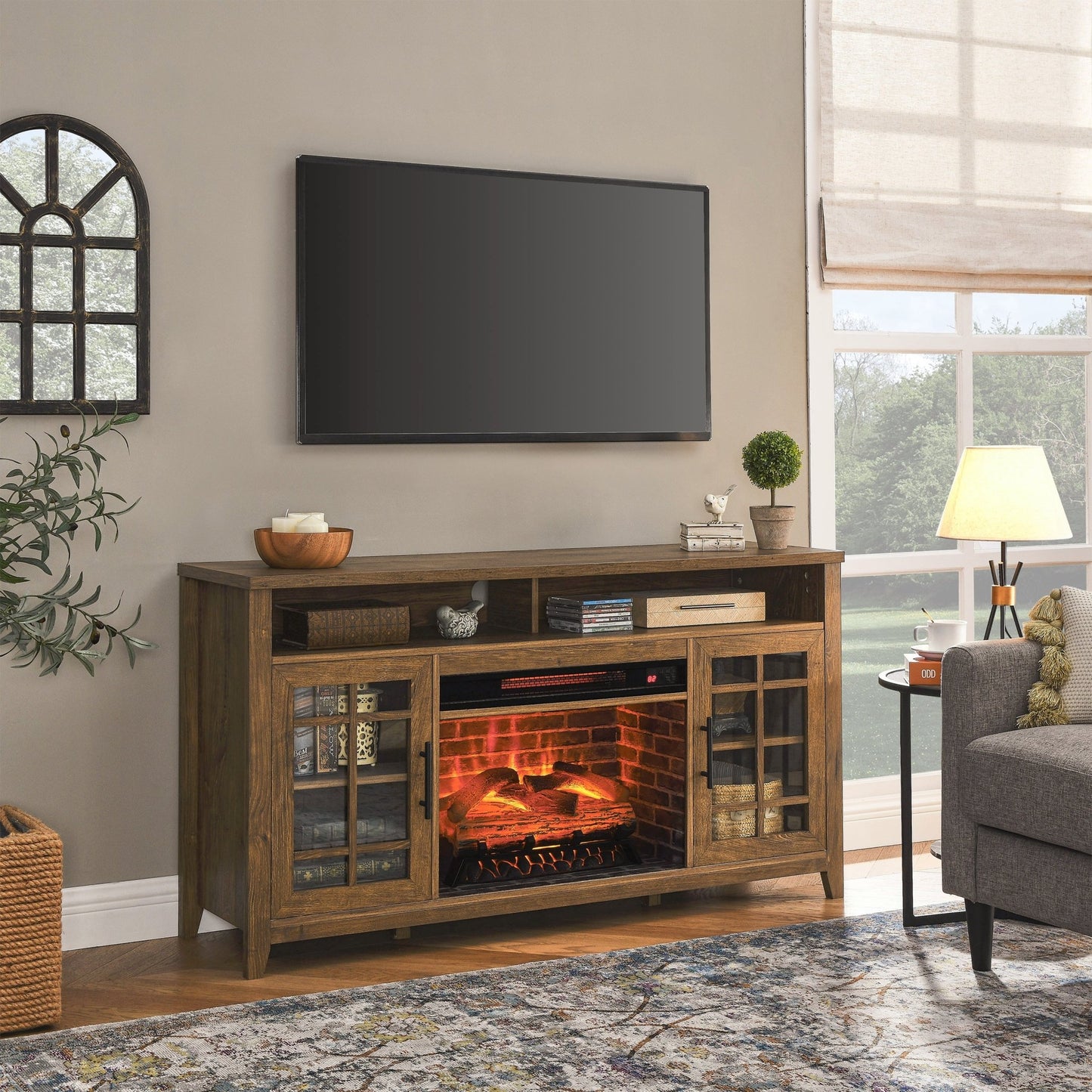 55 inch TV Media Stand with Electric Fireplace KD Inserts Heater,Reclaimed Barnwood Color - 1st Choice Furniture Direct