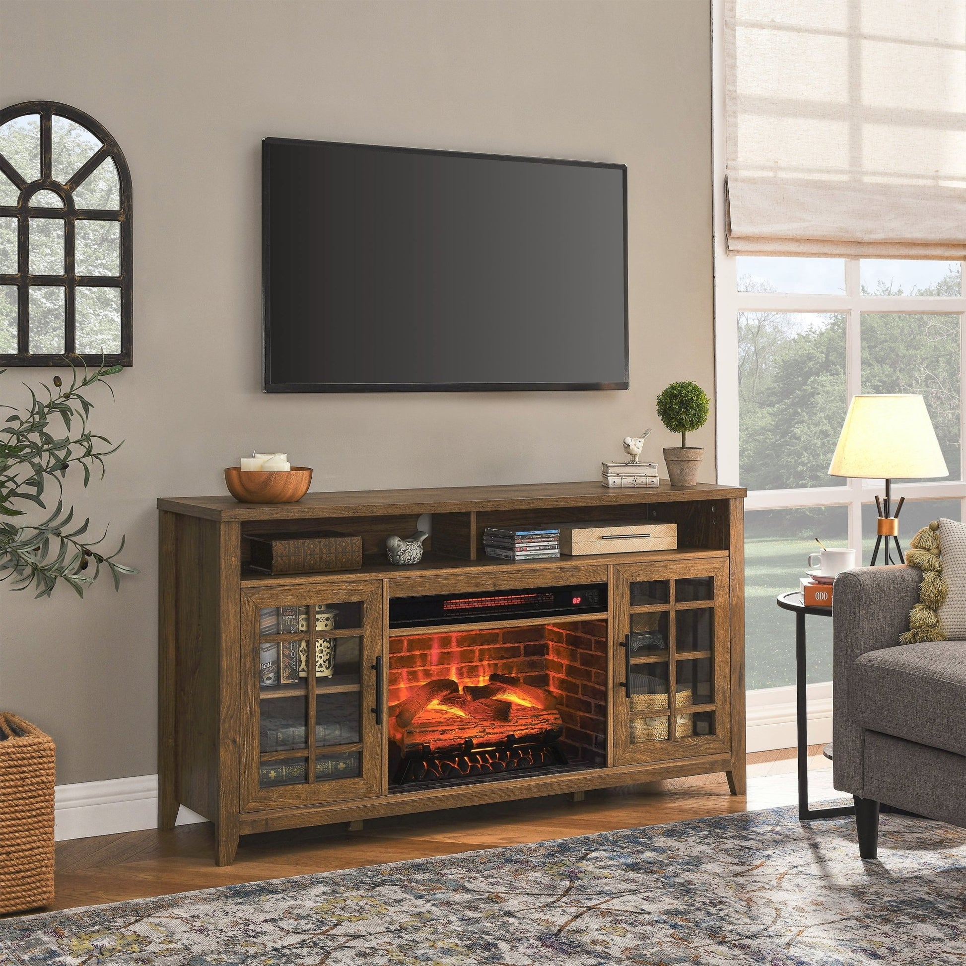 55 inch TV Media Stand with Electric Fireplace KD Inserts Heater,Reclaimed Barnwood Color - 1st Choice Furniture Direct