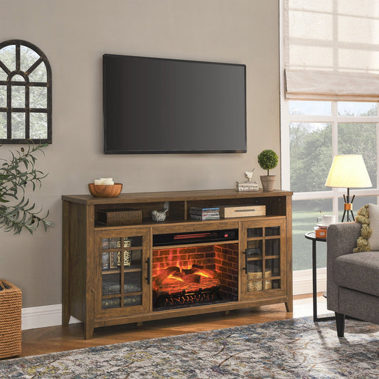 55 inch TV Media Stand with Electric Fireplace KD Inserts Heater,Reclaimed Barnwood Color - 1st Choice Furniture Direct