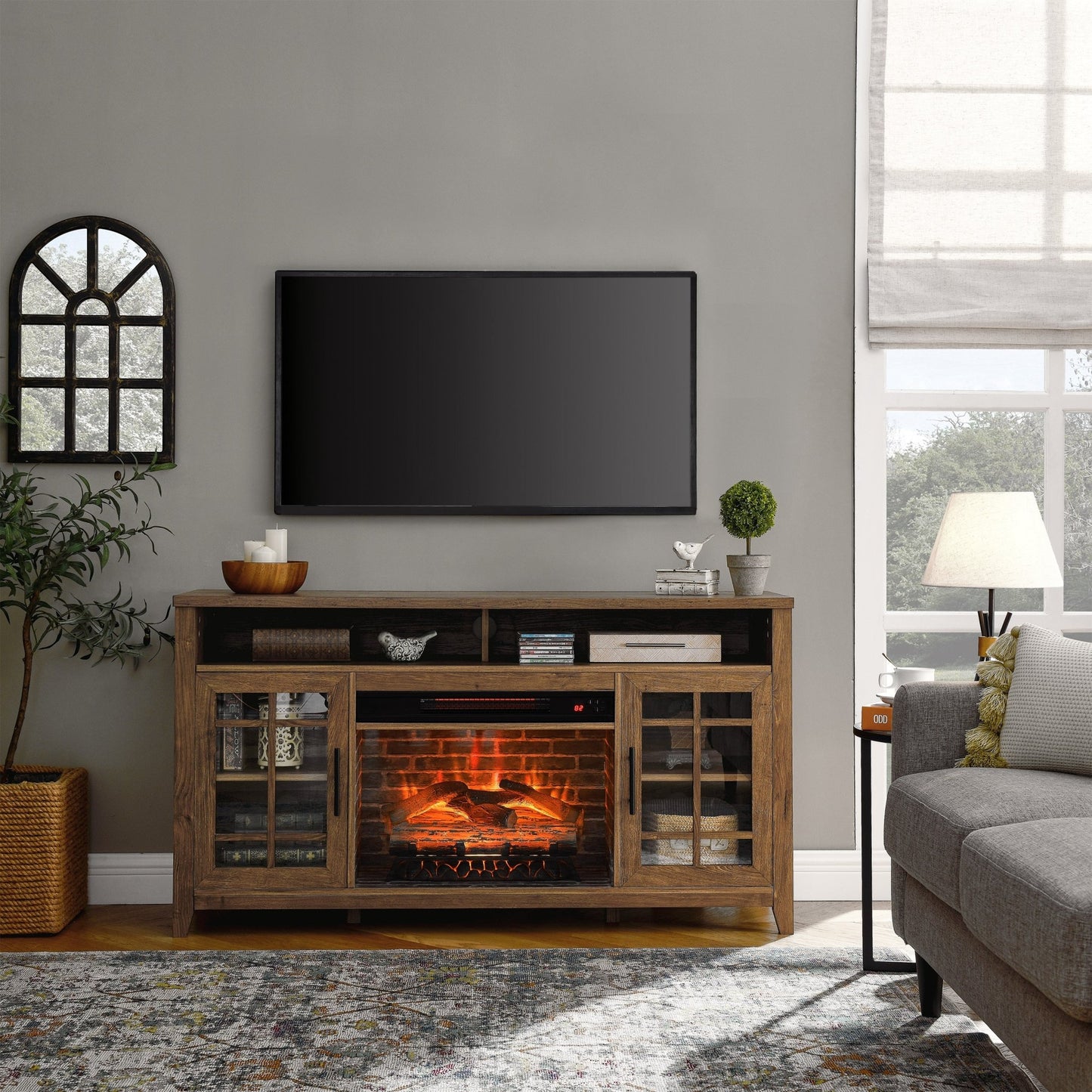 55 inch TV Media Stand with Electric Fireplace KD Inserts Heater,Reclaimed Barnwood Color - 1st Choice Furniture Direct