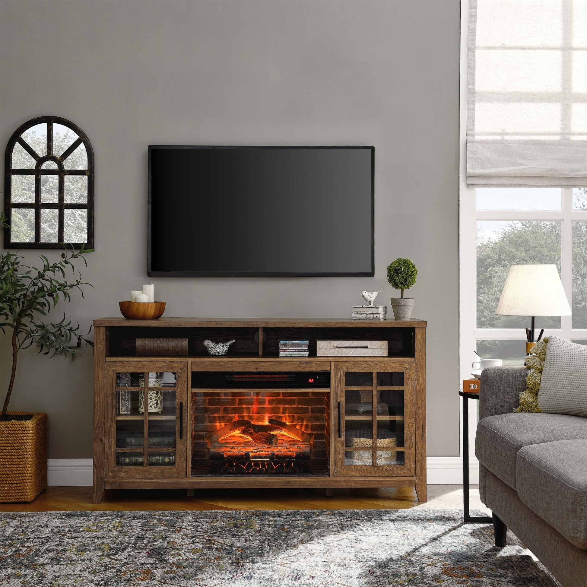 55 inch TV Media Stand with Electric Fireplace KD Inserts Heater,Reclaimed Barnwood Color - 1st Choice Furniture Direct