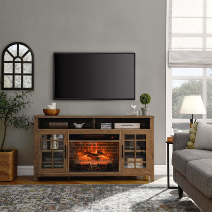55 inch TV Media Stand with Electric Fireplace KD Inserts Heater,Reclaimed Barnwood Color - 1st Choice Furniture Direct