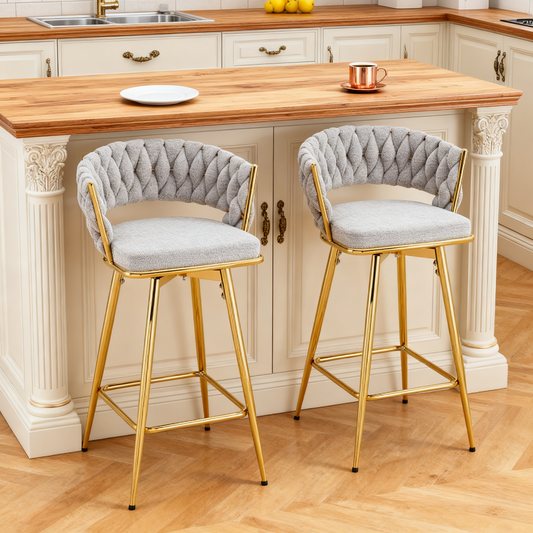 Two sets of swivel bar stools with breathable cotton and linen soft cushions, electroplated metal frames without rust, suitable for restaurant and bar use, as well as for casual seating in living room