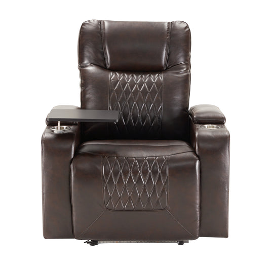 Power Motion Recliner with USB Charging Port, Hidden Arm Storage, 2 Cup Holders, 360° Swivel Tray Table, Brown PU Leather