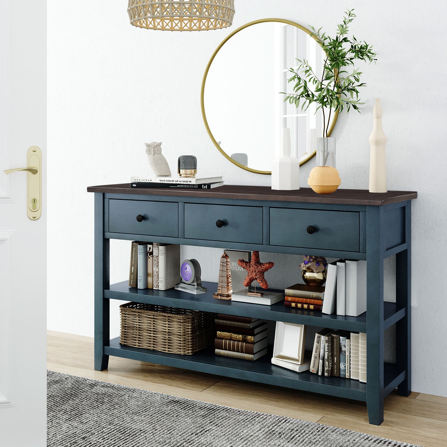 TREXM Retro Design Console Table with Two Open Shelves, Pine Solid Wood Frame and Legs for Living Room (Navy)
