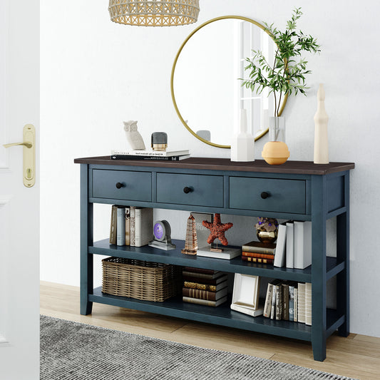 TREXM Retro Design Console Table with Two Open Shelves, Pine Solid Wood Frame and Legs for Living Room (Navy)