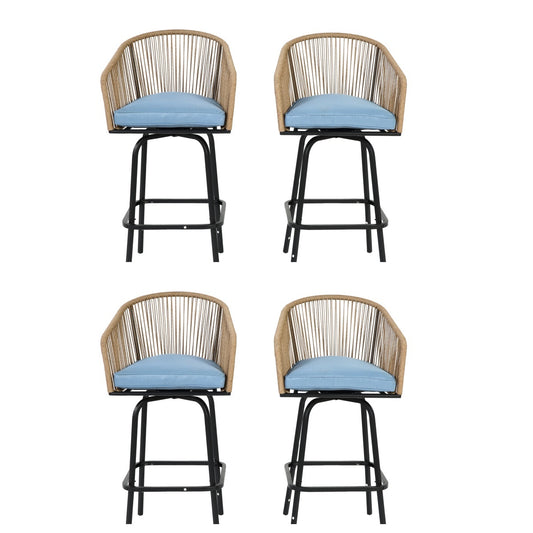 Outdoor Bar Stools Set of 4, 4-Piece Patio Bar Stools with Armrests, All Weather Rattan Bar Chairs with Backrest, Wicker Bar Stools for Backyard, Garden, Pool, Balcony and Deck-Blue