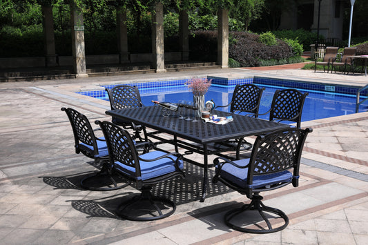 Rectangular 6 - Person 85.83' Long Aluminum Dining Set with Navy Blue Cushions
