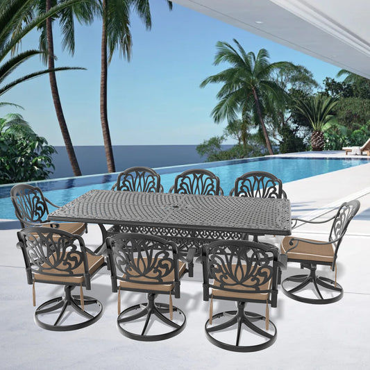 9-Piece All-Weather Cast Aluminum Dining Set, Include 8 Swivel Chairs and Rectangular Table With Black Frame