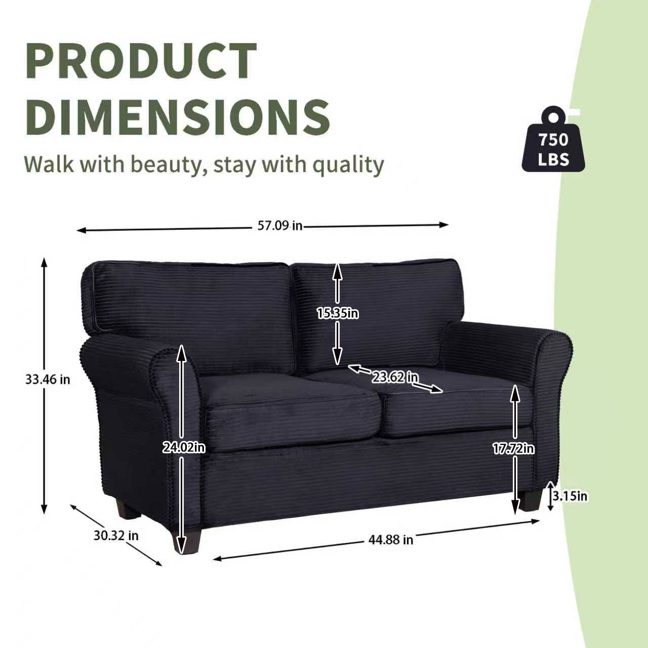 57' Modern 2 - Seater Corduroy Sofa With Removable Backrest & Seat Cushions,Padded Armrests,High Rebound Sponge Filled with Solid Wood and Composite Frame,Easy Assembly For Living Room,Bedroom,Office. - 1st Choice Furniture Direct