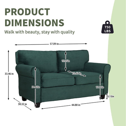 57' Modern 2 - Seater Corduroy Sofa With Removable Backrest & Seat Cushions,Padded Armrests,High Rebound Sponge Filled with Solid Wood and Composite Frame,Easy Assembly For Living Room,Bedroom,Office. - 1st Choice Furniture Direct