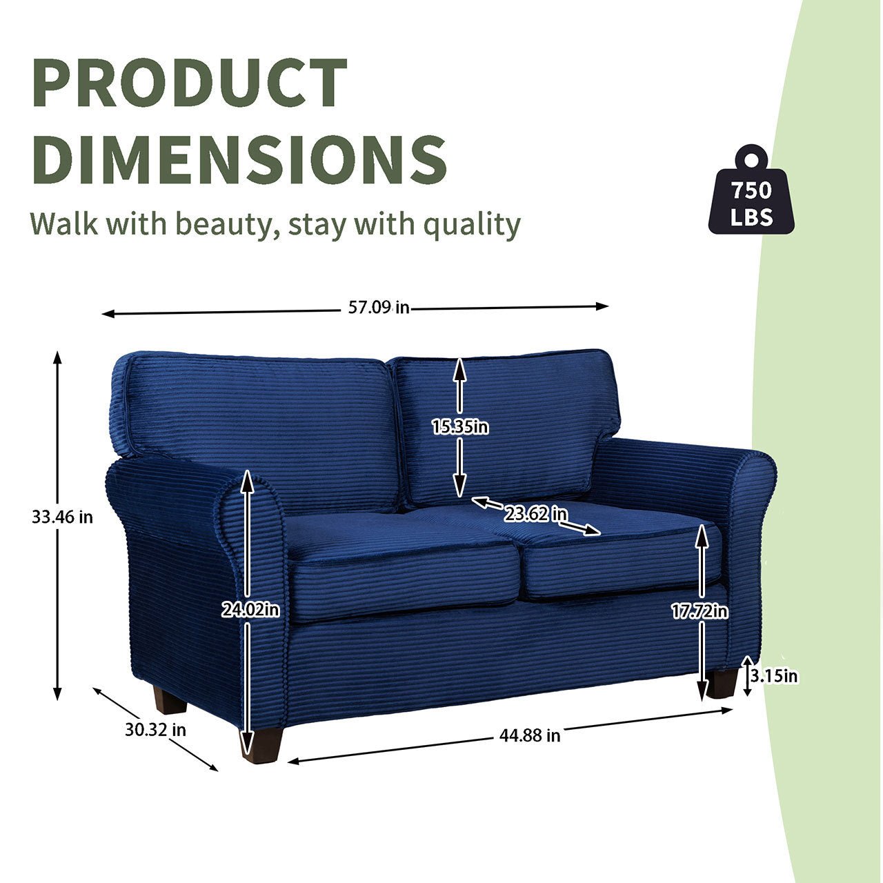 57' Modern 2 - Seater Corduroy Sofa With Removable Backrest & Seat Cushions,Padded Armrests,High Rebound Sponge Filled with Solid Wood and Composite Frame,Easy Assembly For Living Room,Bedroom,Office. - 1st Choice Furniture Direct