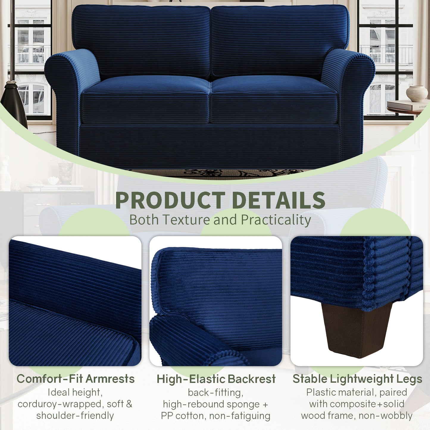 57' Modern 2 - Seater Corduroy Sofa With Removable Backrest & Seat Cushions,Padded Armrests,High Rebound Sponge Filled with Solid Wood and Composite Frame,Easy Assembly For Living Room,Bedroom,Office. - 1st Choice Furniture Direct