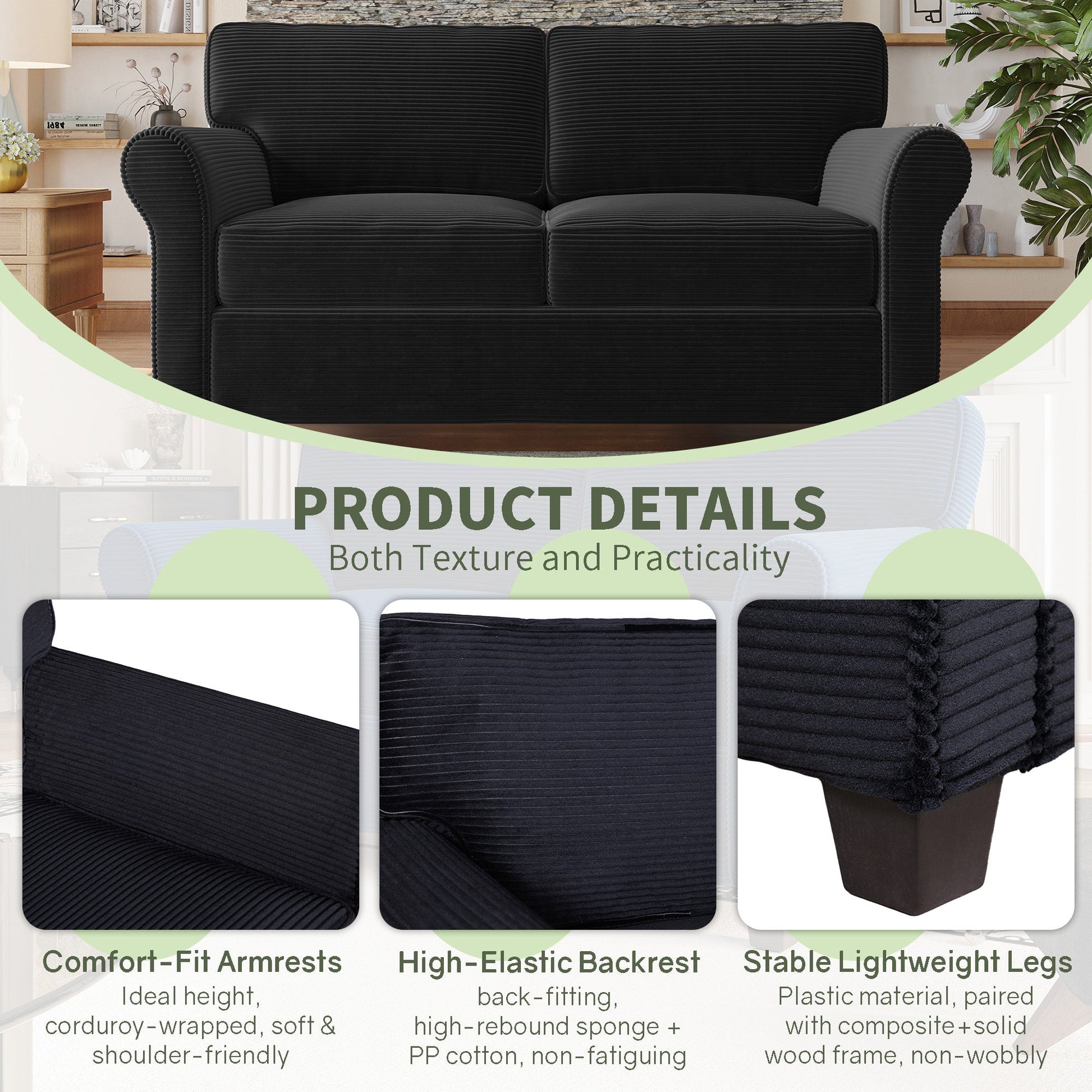 57' Modern 2 - Seater Corduroy Sofa With Removable Backrest & Seat Cushions,Padded Armrests,High Rebound Sponge Filled with Solid Wood and Composite Frame,Easy Assembly For Living Room,Bedroom,Office. - 1st Choice Furniture Direct