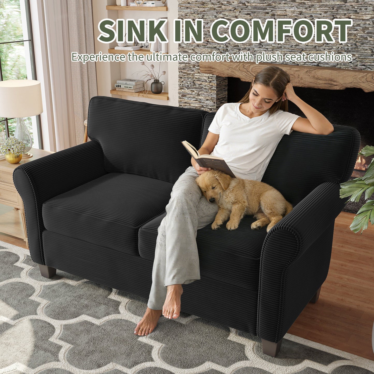 57' Modern 2 - Seater Corduroy Sofa With Removable Backrest & Seat Cushions,Padded Armrests,High Rebound Sponge Filled with Solid Wood and Composite Frame,Easy Assembly For Living Room,Bedroom,Office. - 1st Choice Furniture Direct