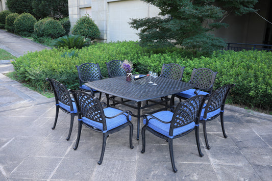 Square 8 - Person 63.98' Long Dining Set with Navy Blue Cushions
